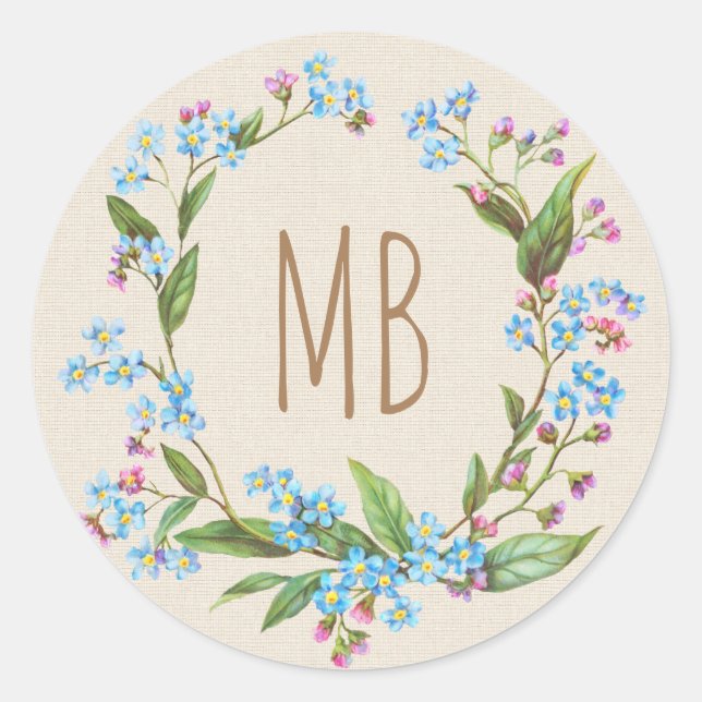 Monogram Forget-Me-Not Wreath Blue Beige Rustic Classic Round Sticker (Front)