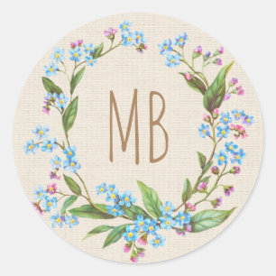 Monogram Forget-Me-Not Wreath Blue Beige Rustic Classic Round Sticker