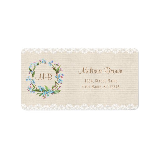 Monogram Forget-Me-Not Wreath Blue Cute Rustic Label (Front)