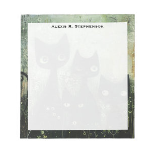 Monogram Four Black Cats with Daisies on Grey Notepad