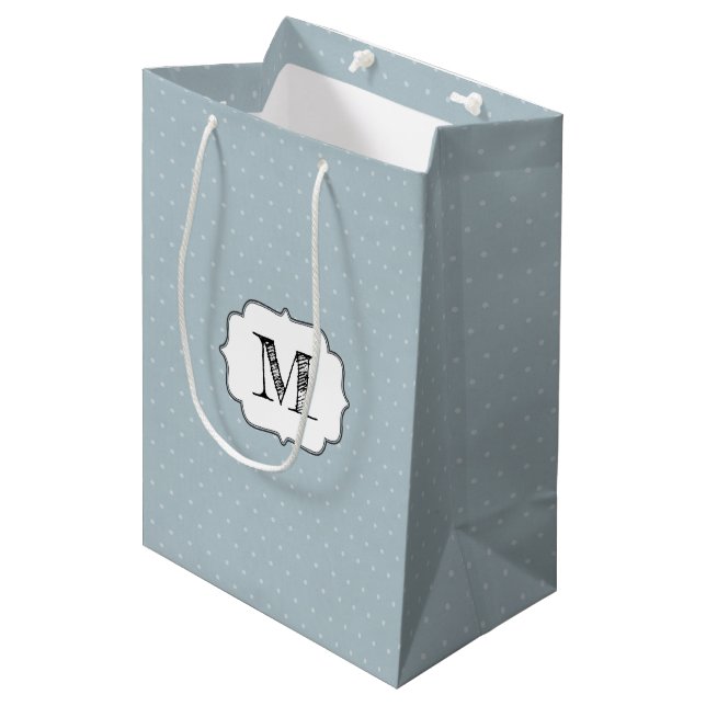 Monogram Frame on Pale Blue and Polka Dot Medium Gift Bag (Front Angled)