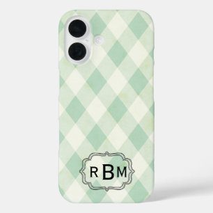 Monogram Framed on Green and White Gingham Pattern iPhone 16 Case