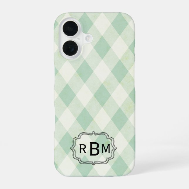 Monogram Framed on Green and White Gingham Pattern iPhone 16 Case (Back)