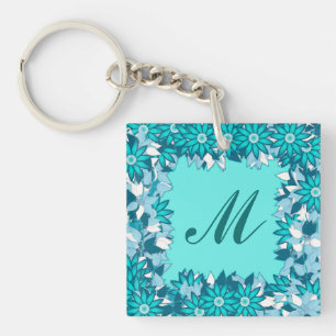 Monogram framed with flowers - blue and white key ring