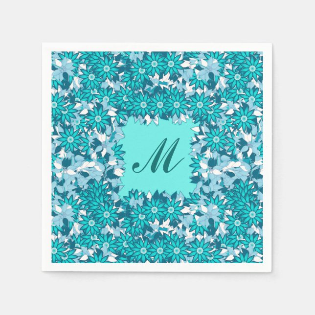 Monogram framed with flowers - blue and white napkin (Front)