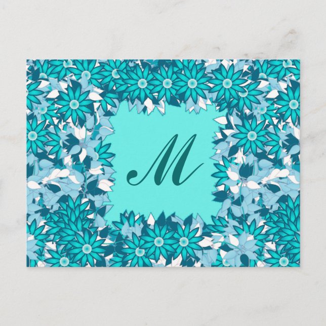 Monogram framed with flowers - blue and white postcard (Front)