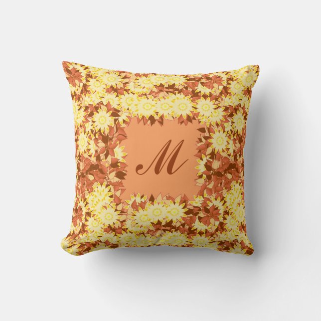 Monogram framed with flowers - cocoa & yellow cushion (Front)