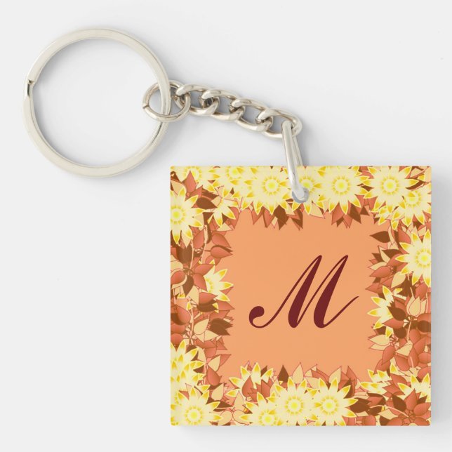 Monogram framed with flowers - cocoa & yellow key ring (Front)