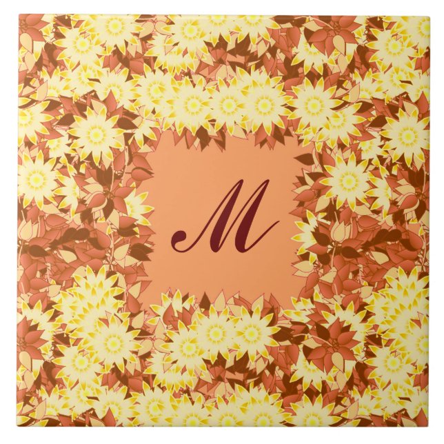 Monogram framed with flowers - cocoa & yellow tile (Front)