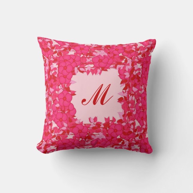 Monogram framed with flowers - fuchsia and pink cushion (Front)