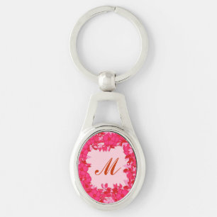 Monogram framed with flowers - fuchsia and pink key ring