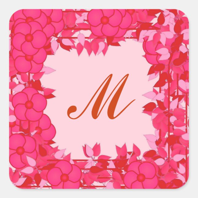 Monogram framed with flowers - fuchsia and pink square sticker (Front)