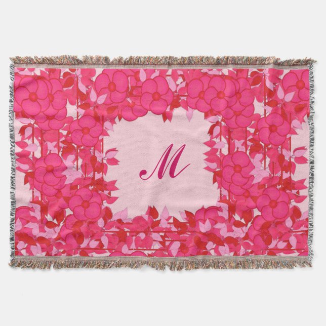 Monogram framed with flowers - fuchsia and pink throw blanket (Front)