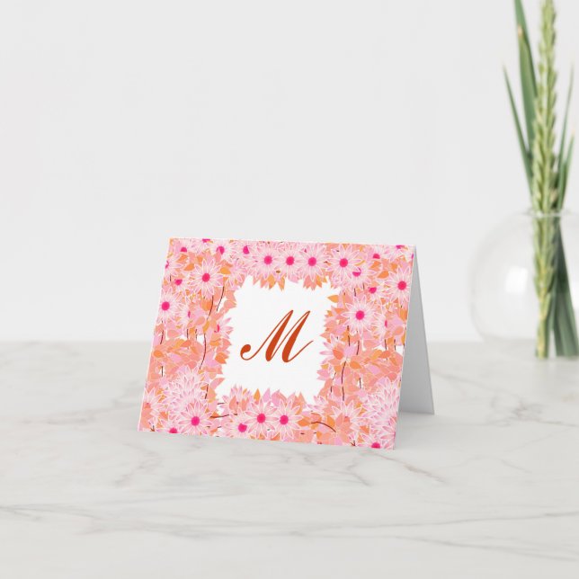 Monogram framed with flowers - pink and peach note card (Front)