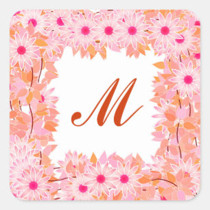 Monogram framed with flowers - pink and peach square sticker