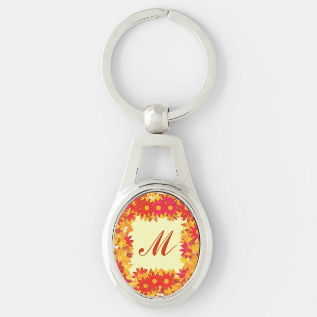 Monogram framed with flowers - red and gold key ring (Front)