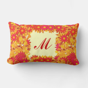 Monogram framed with flowers - red and gold lumbar cushion