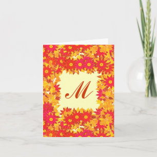 Monogram framed with flowers - red and gold note card