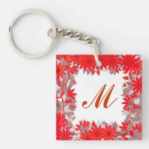 Monogram framed with flowers - red and grey key ring