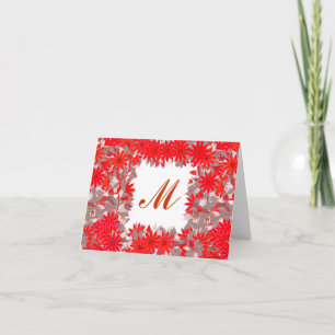 Monogram framed with flowers - red and grey note card