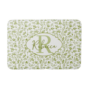 Monogram French Country Olive Leaf Green Chic Bath Mat
