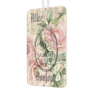 Monogram Frenchy vintage Ephemera Pink roses chic Car Air Freshener