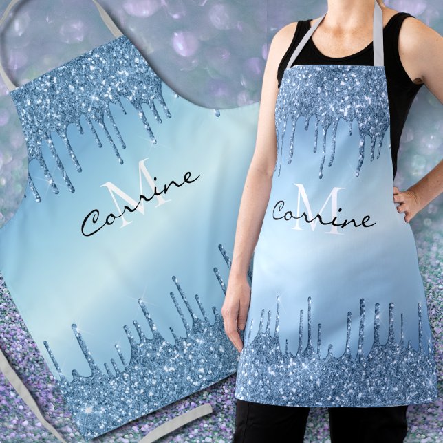 Monogram Frozen Ice Blue Dripping Glitter Metallic Apron (Creator Uploaded)