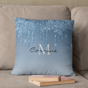 Monogram Frozen Ice Blue Dripping Glitter Metallic Cushion