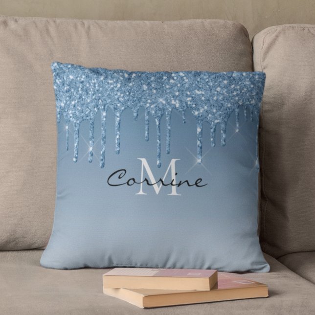 Monogram Frozen Ice Blue Dripping Glitter Metallic Cushion (Creator Uploaded)