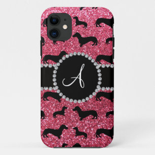 Monogram fuchsia pink glitter dachshund iPhone 11 case
