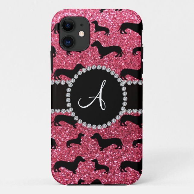 Monogram fuchsia pink glitter dachshund Case-Mate iPhone case (Back)