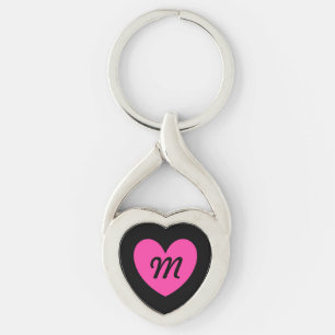 Monogram Fuchsia pink heart on black Key Ring