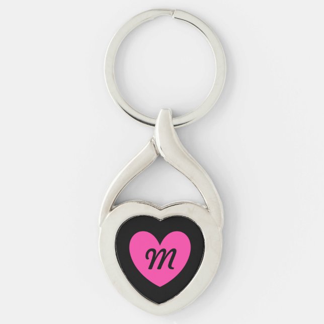 Monogram Fuchsia pink heart on black Key Ring (Front)