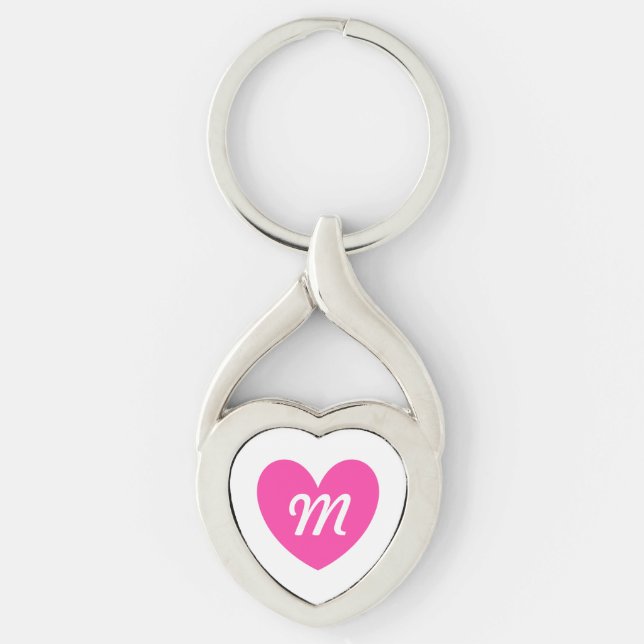 Monogram fuchsia pink heart on white key ring (Front)