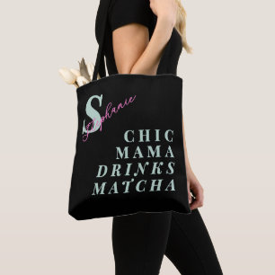 Monogram Funny Mama Matcha Green Tea Saying Black Tote Bag