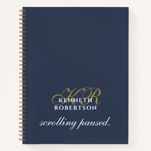 Monogram Funny Navy Blue Gold White Minimalist Men Notebook (Front)
