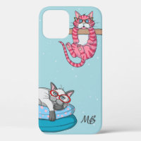 Monogram Funny Whimsical Cats Trendy Modern