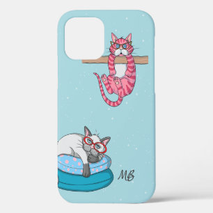 Monogram Funny Whimsical Cats Trendy Modern iPhone 12 Case