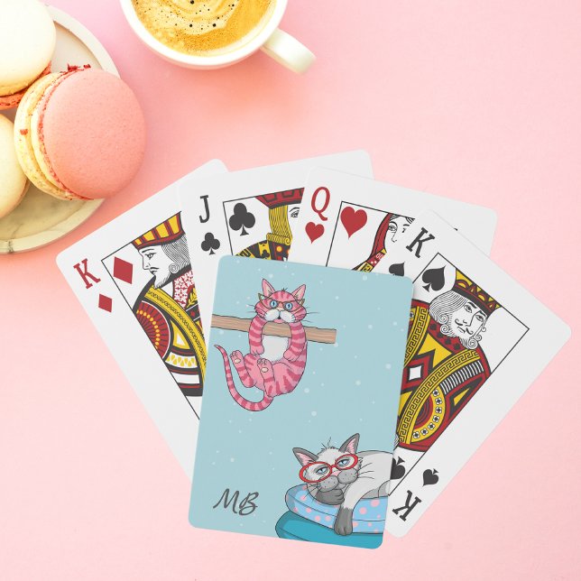 Monogram Funny Whimsical Cats Trendy Modern Playing Cards (Creator Uploaded)