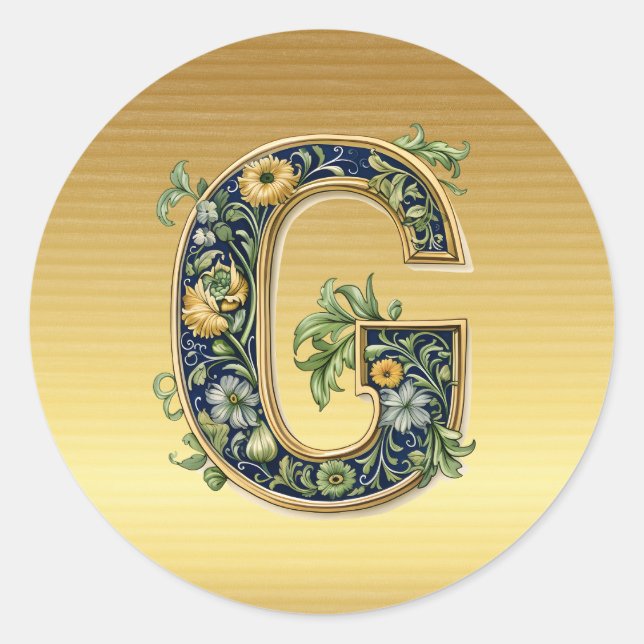 Monogram G, floral pattern on gold, Classic Round Sticker (Front)