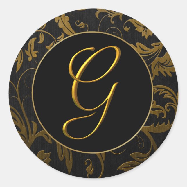 Monogram G Gold and Black Damask Wedding Seal (Front)