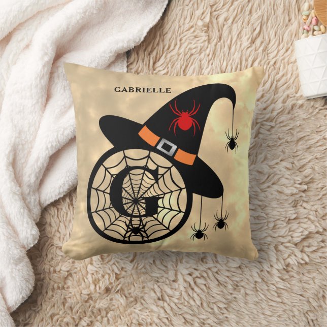 Monogram G Halloween Sky Witch Spiders Name Cushion (Blanket)