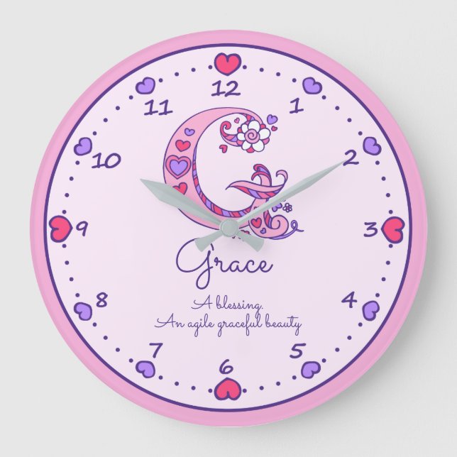 Monogram G hearts girls name meaning pink clock (Front)