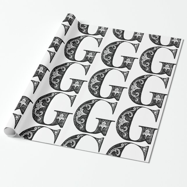 Monogram G Initial Black and White Floral Pattern Wrapping Paper (Unrolled)