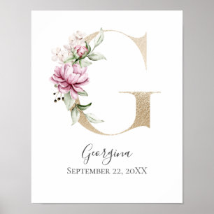 Monogram G Pink White Floral Gold Letter Nursery  Poster