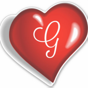 Monogram G white script on ruby red heart