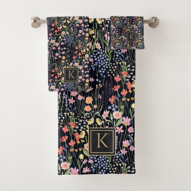 Monogram Garden Dark Background Wildflower Floral  Bath Towel Set (Insitu)
