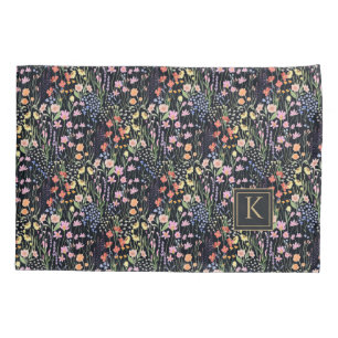 Monogram Garden Dark Background Wildflower Floral  Pillowcase