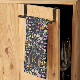 Monogram Garden Dark Background Wildflower Floral Tea Towel