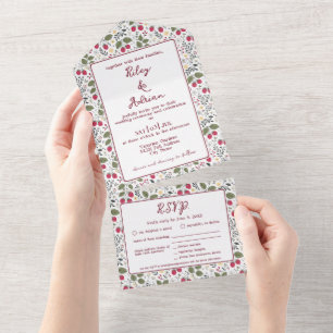 Monogram Garden Raspberry Spring Floral Wedding All In One Invitation